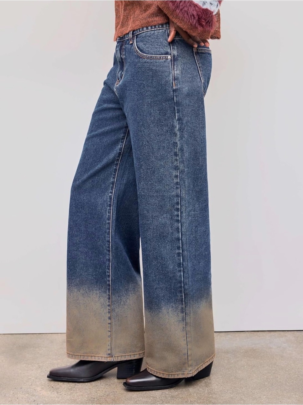 Cider Wide-Leg Blue Dip-Dye Ombré Faded Bottom womens Jeans New